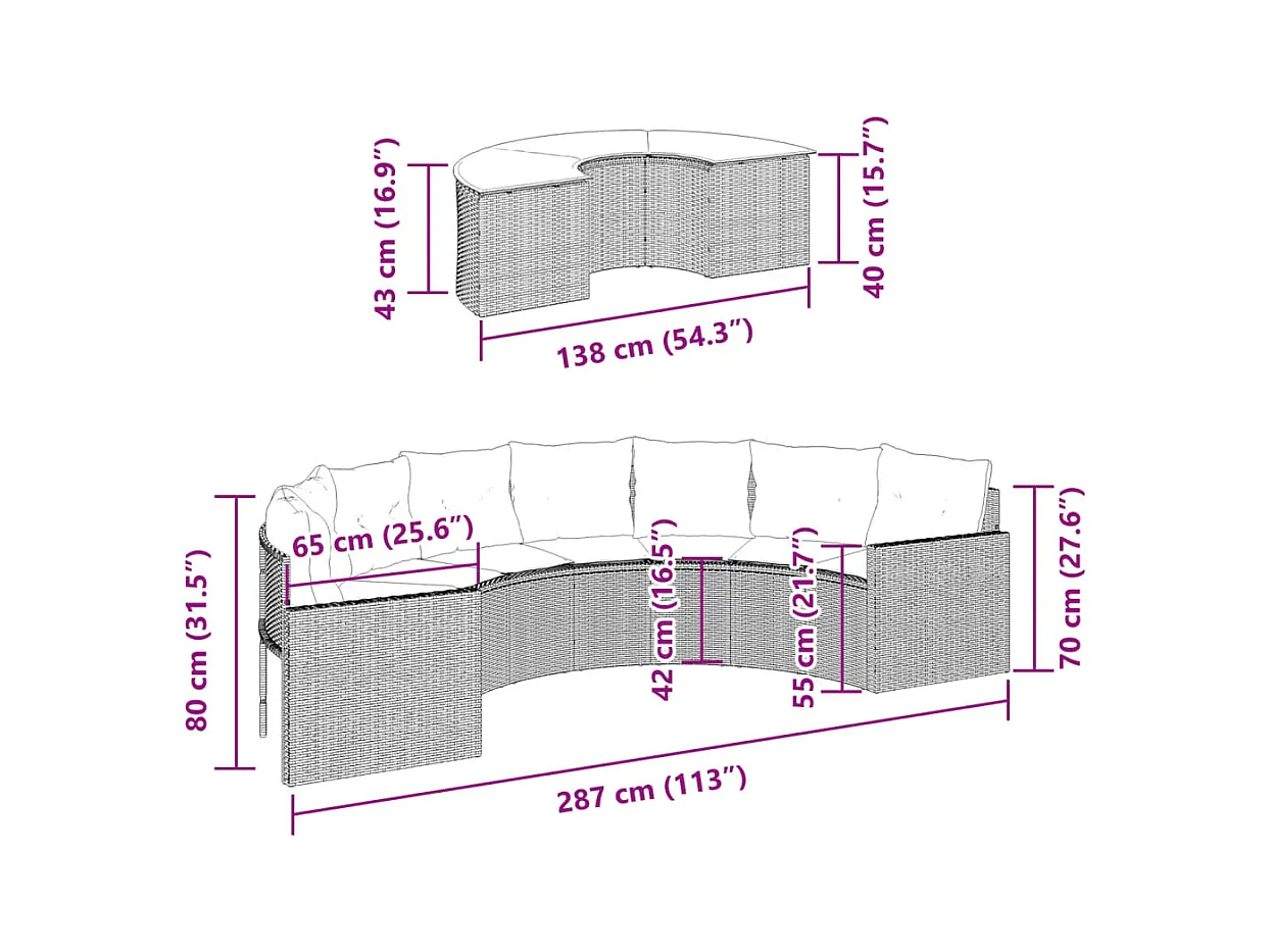 Salon de jardin 2 pcs demi-rond beige résine tressée