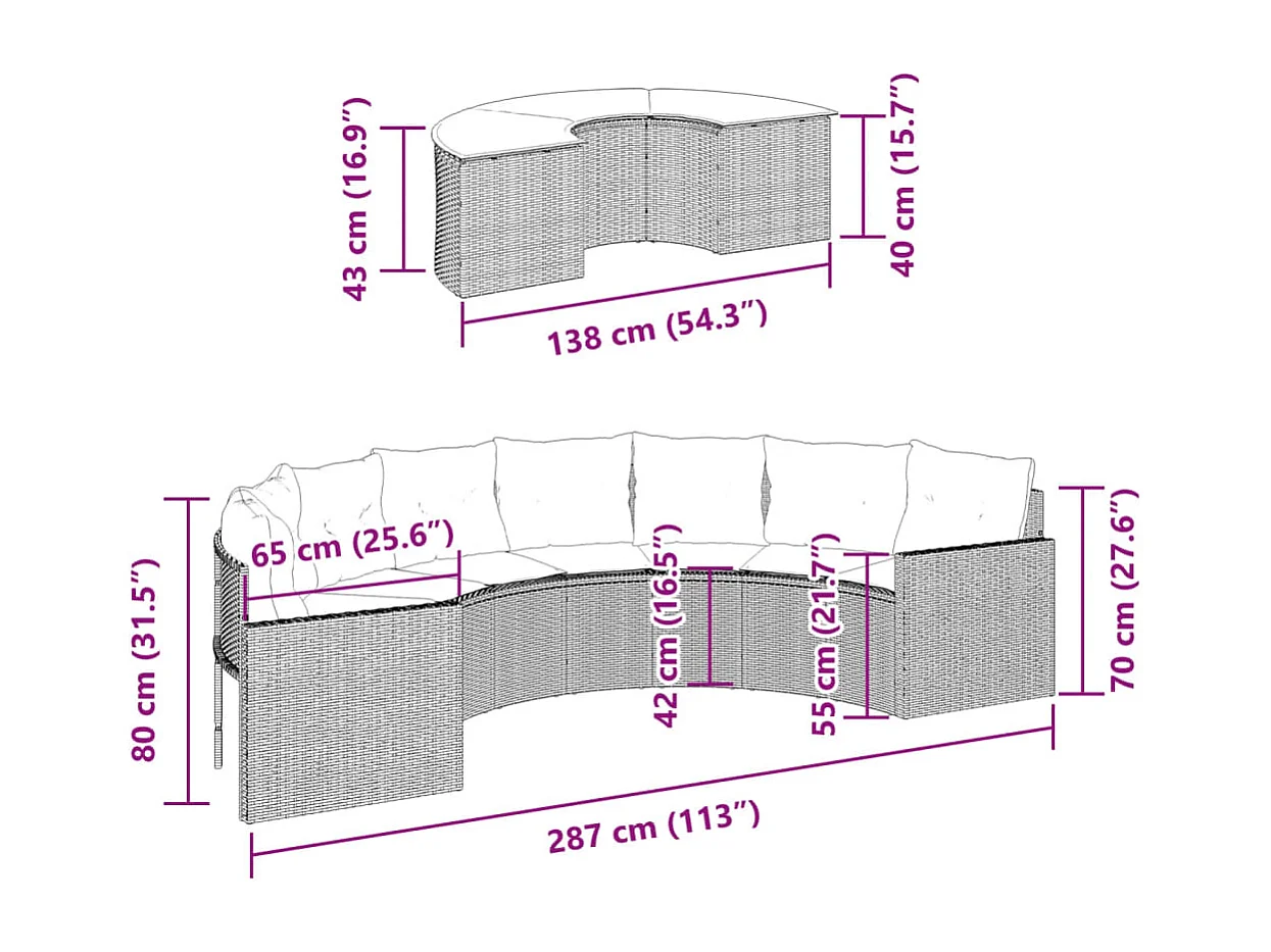 Salon de jardin 2 pcs demi-rond beige résine tressée