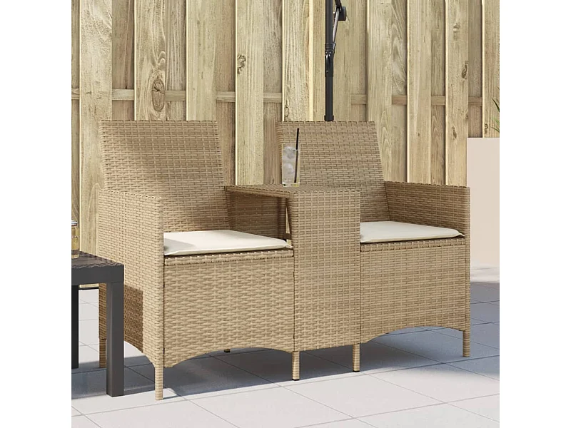 Divano Giardino 2 Posti con Tavolo e Cuscini Beige Polyrattan