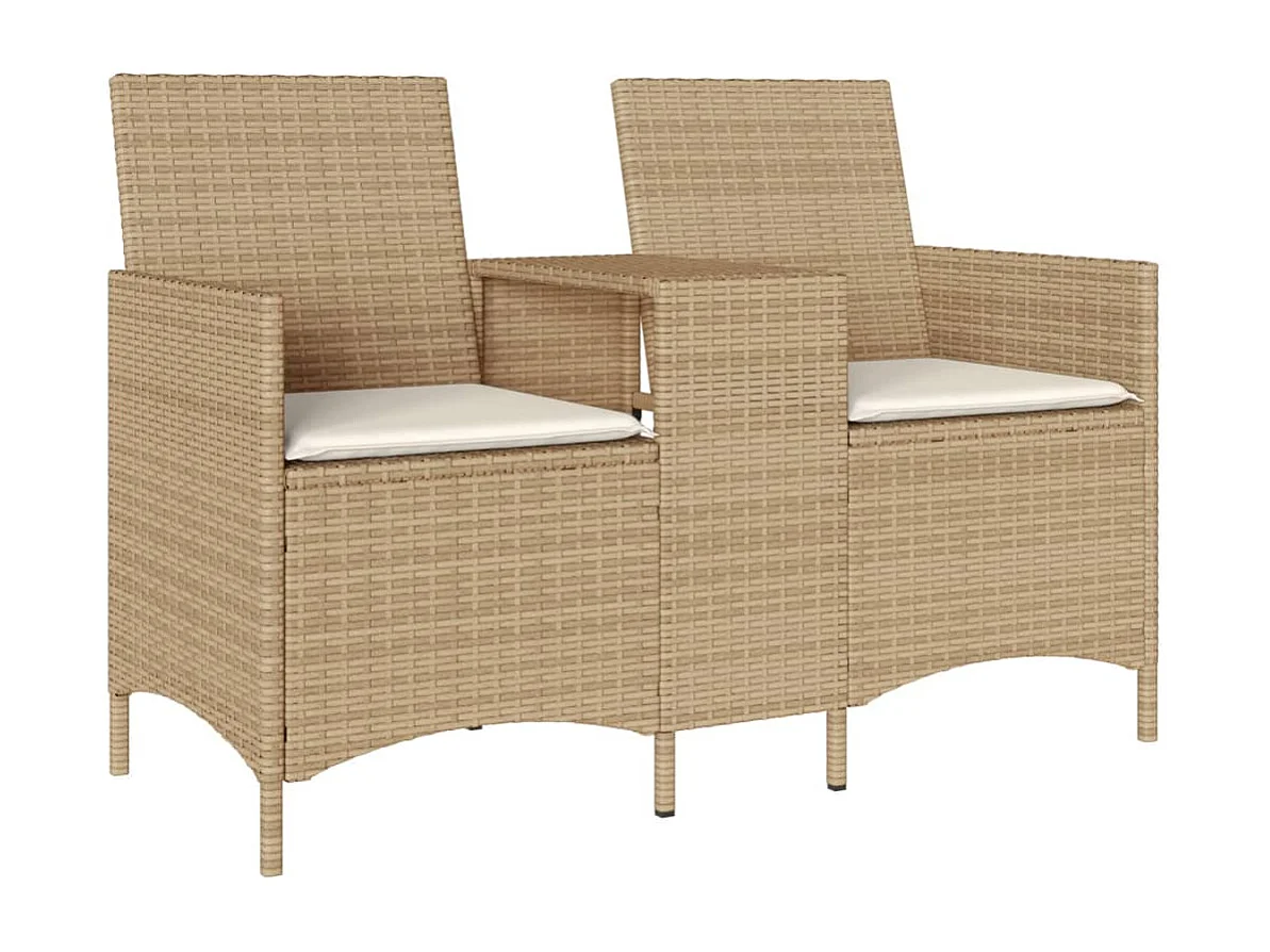 Divano Giardino 2 Posti con Tavolo e Cuscini Beige Polyrattan