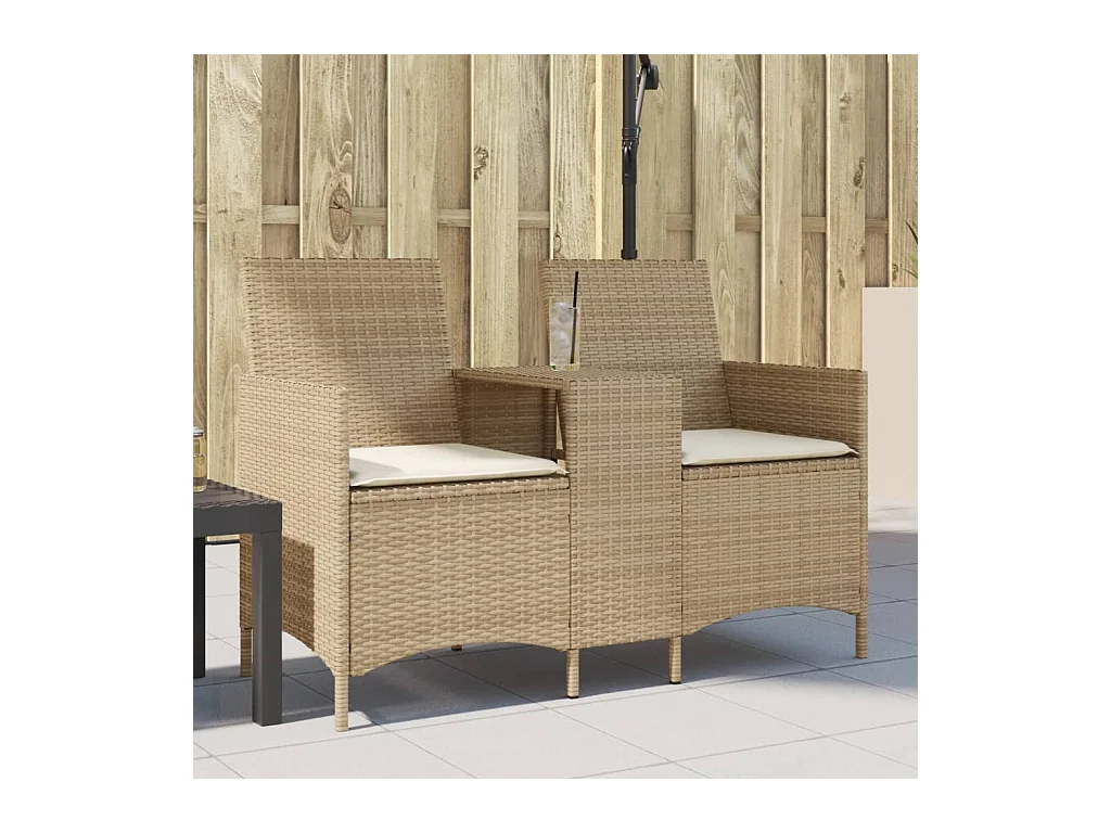 Tuinbank 2-zits met tafel en kussens poly rattan beige