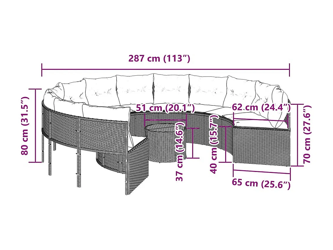 Tuinbank met tafel en kussens rond poly rattan zwart