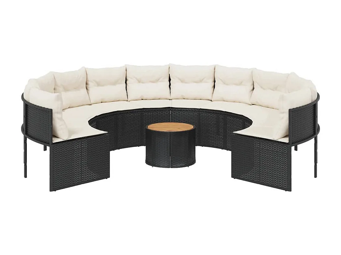 Tuinbank met tafel en kussens rond poly rattan zwart