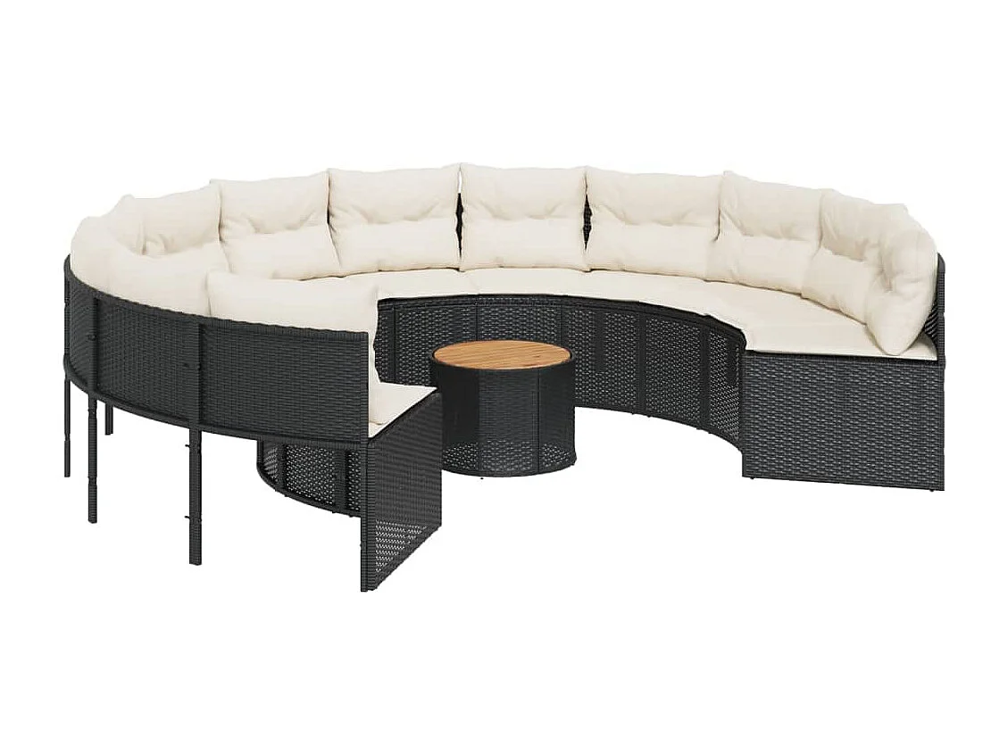 Tuinbank met tafel en kussens rond poly rattan zwart