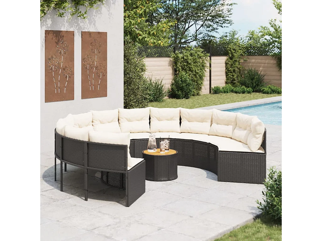 Tuinbank met tafel en kussens rond poly rattan zwart