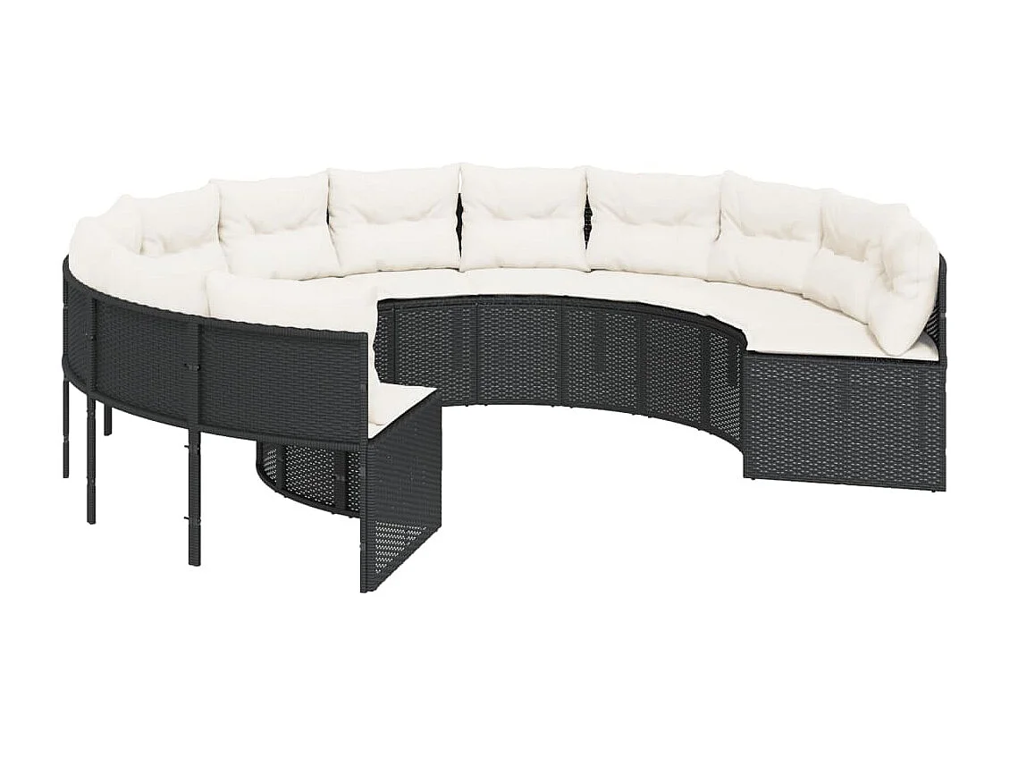 Tuinbank met tafel en kussens rond poly rattan zwart