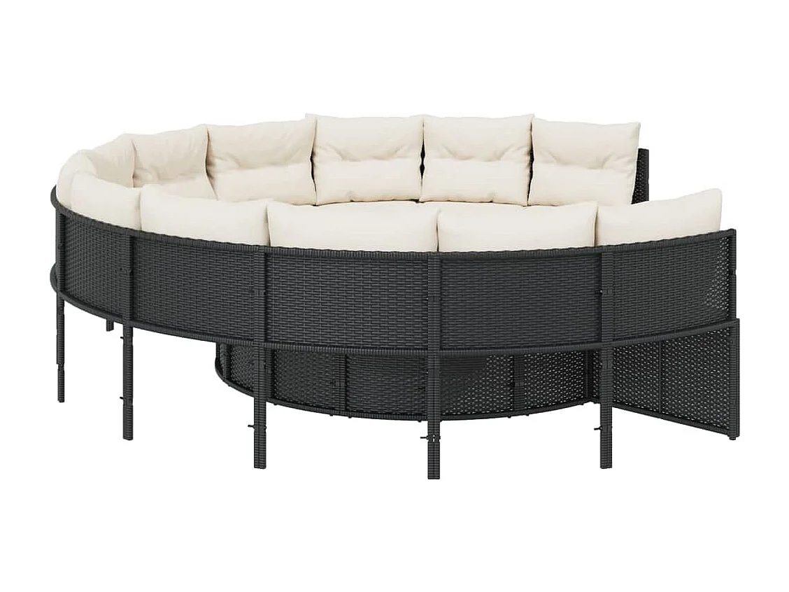 Tuinbank met tafel en kussens rond poly rattan zwart