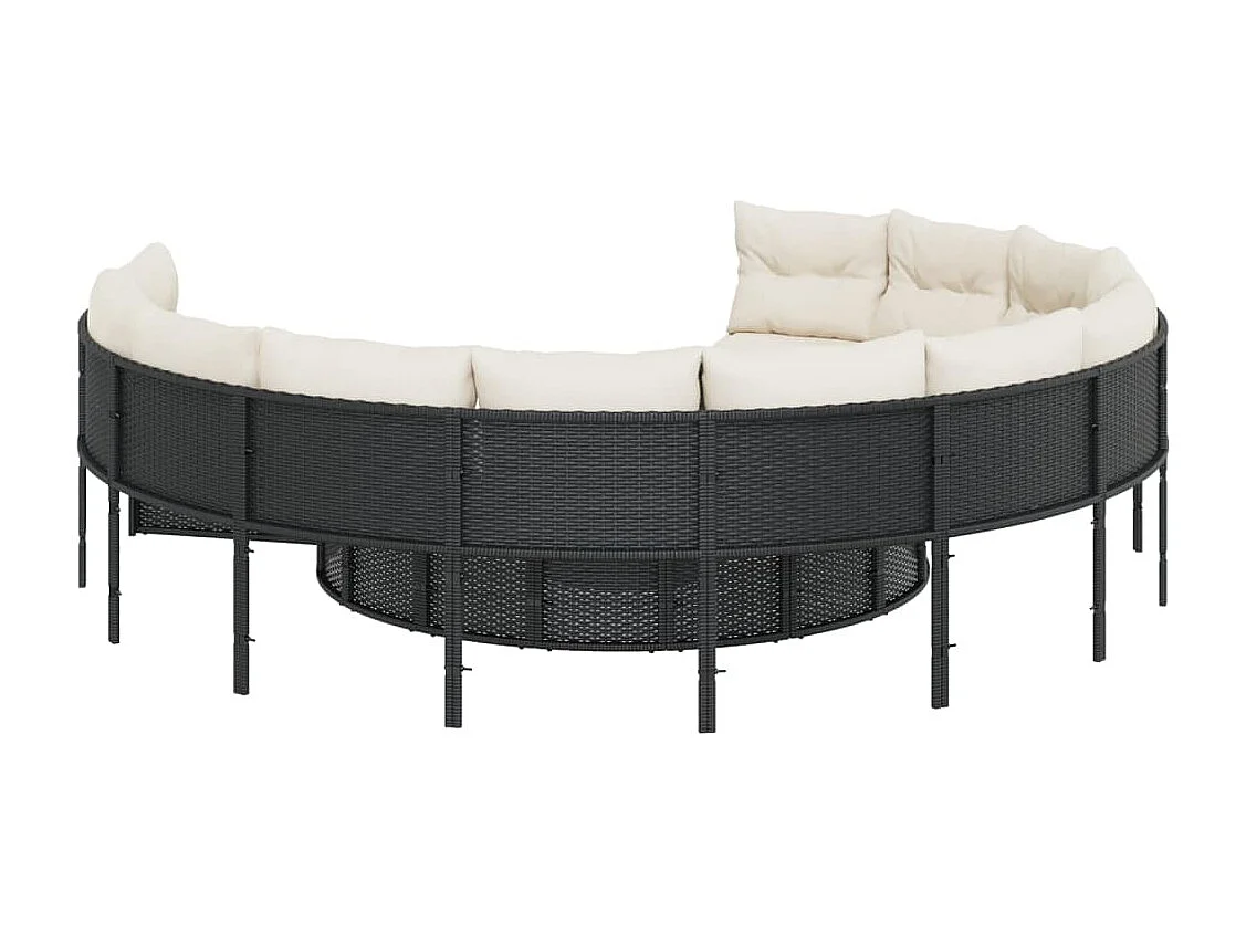 Tuinbank met tafel en kussens rond poly rattan zwart