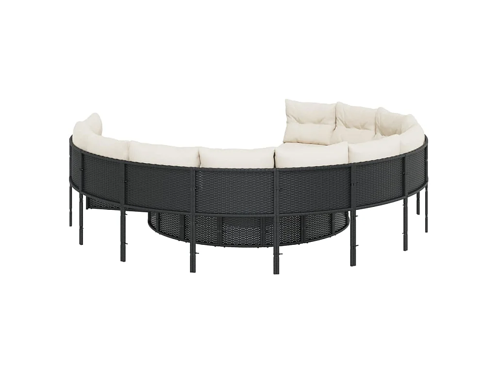 Gartensofa mit Tisch und Kissen Rund Schwarz Poly-Rattan