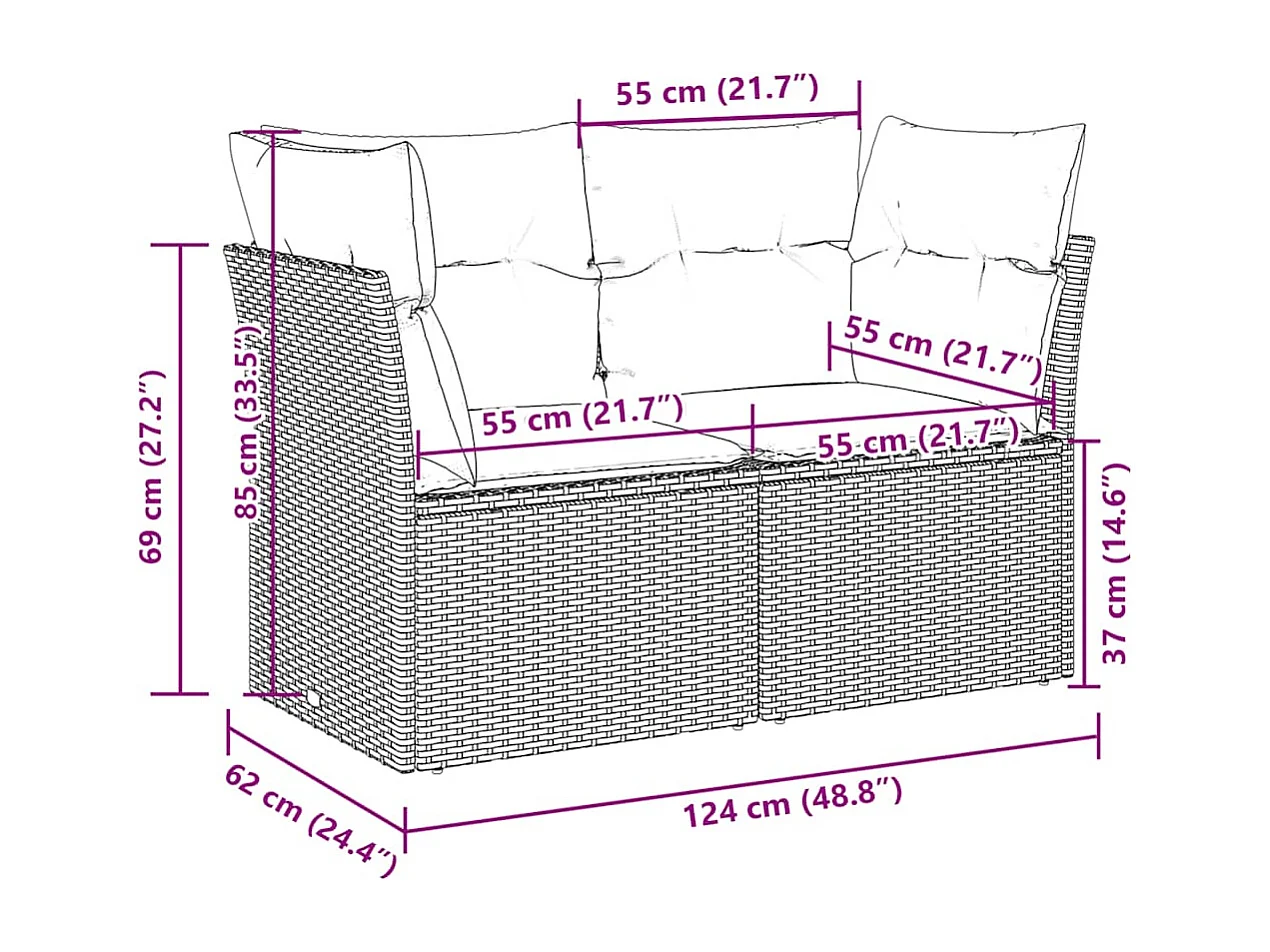 Tuinbank 2-zits met kussens poly rattan lichtgrijs