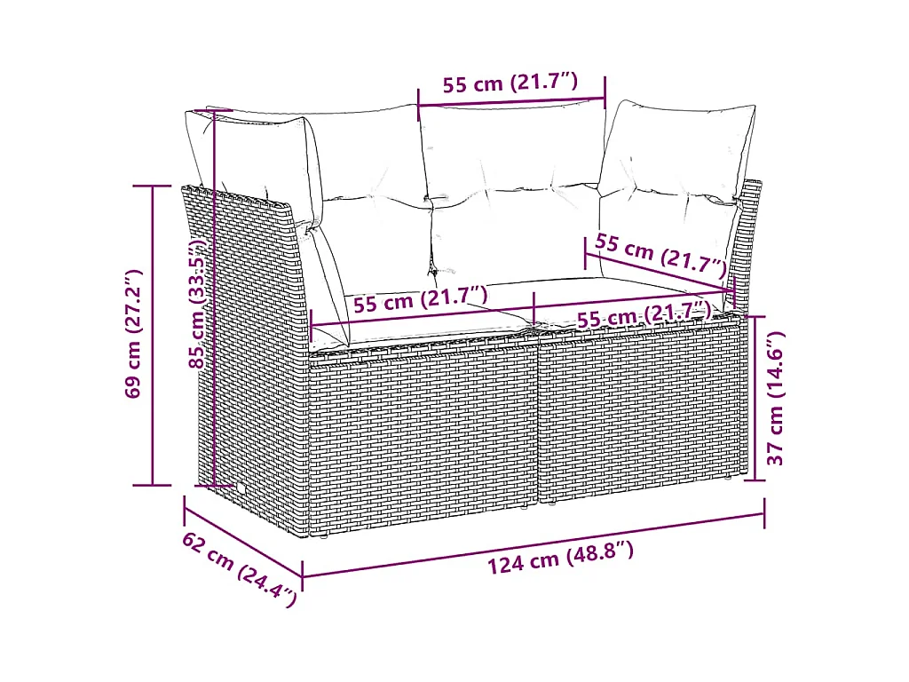 Tuinbank 2-zits met kussens poly rattan lichtgrijs