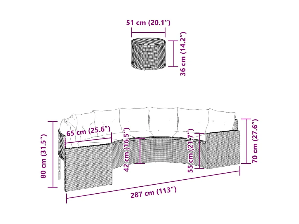 Divano Giardino Tavolo e Cuscini Semicircolare Nero Polyrattan