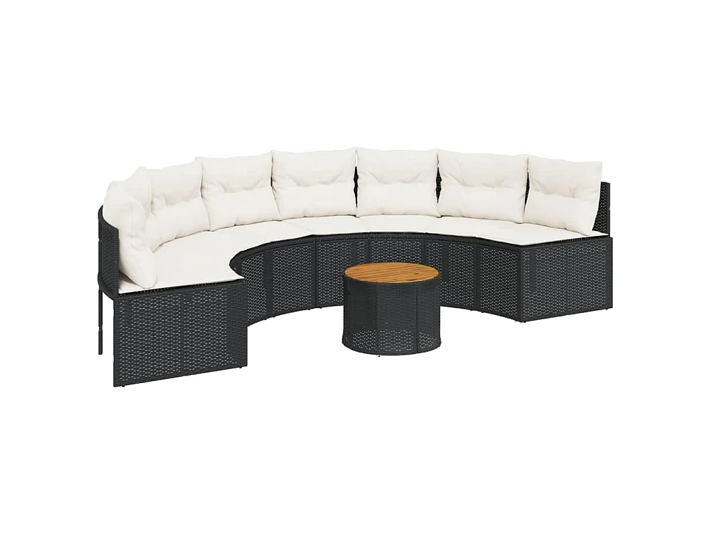 Divano Giardino Tavolo e Cuscini Semicircolare Nero Polyrattan