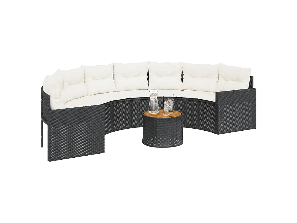 Sofá de jardim com mesa e almofadões semicircular vime PE preto
