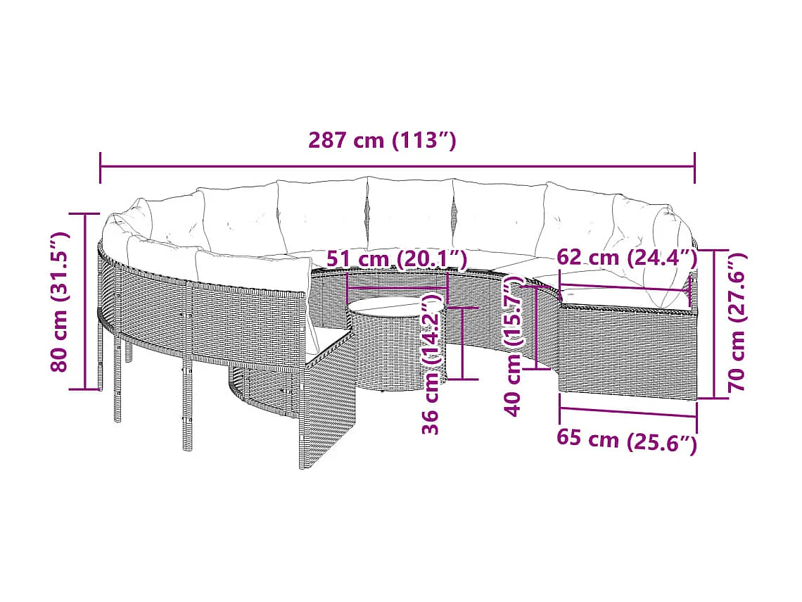 Tuinbank met tafel en kussens rond poly rattan grijs