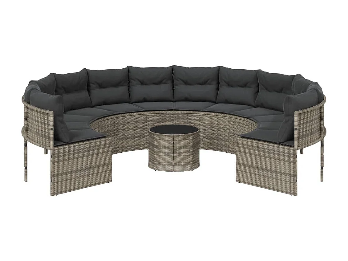 Tuinbank met tafel en kussens rond poly rattan grijs