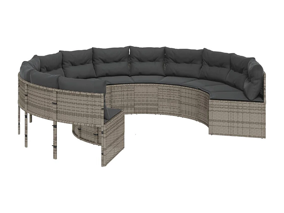 Tuinbank met tafel en kussens rond poly rattan grijs