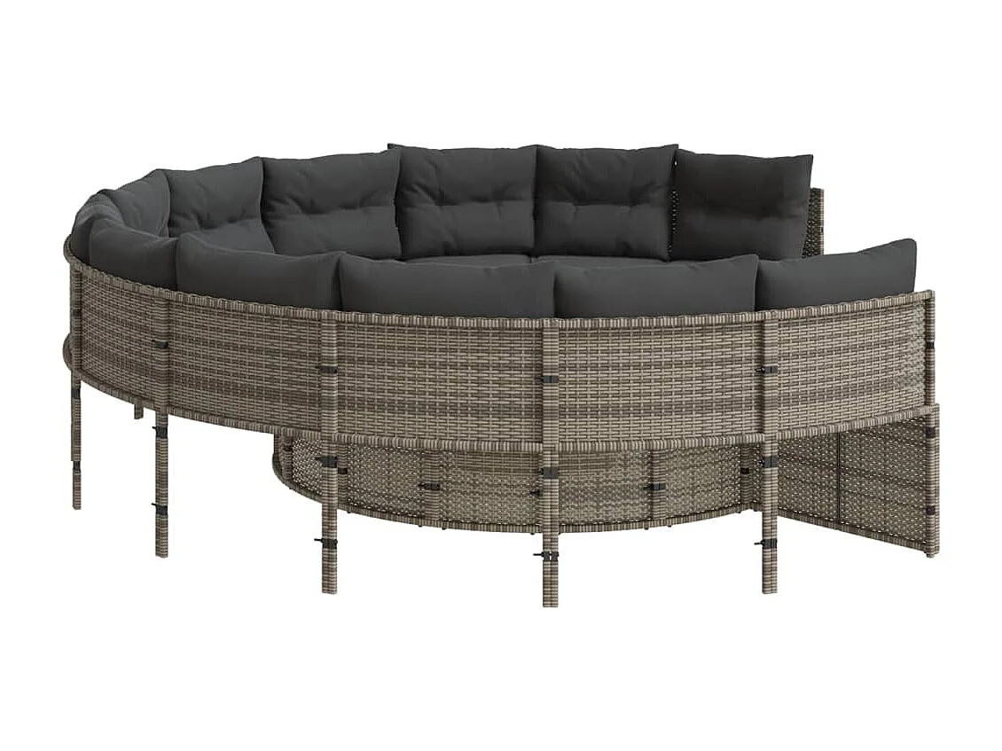 Tuinbank met tafel en kussens rond poly rattan grijs