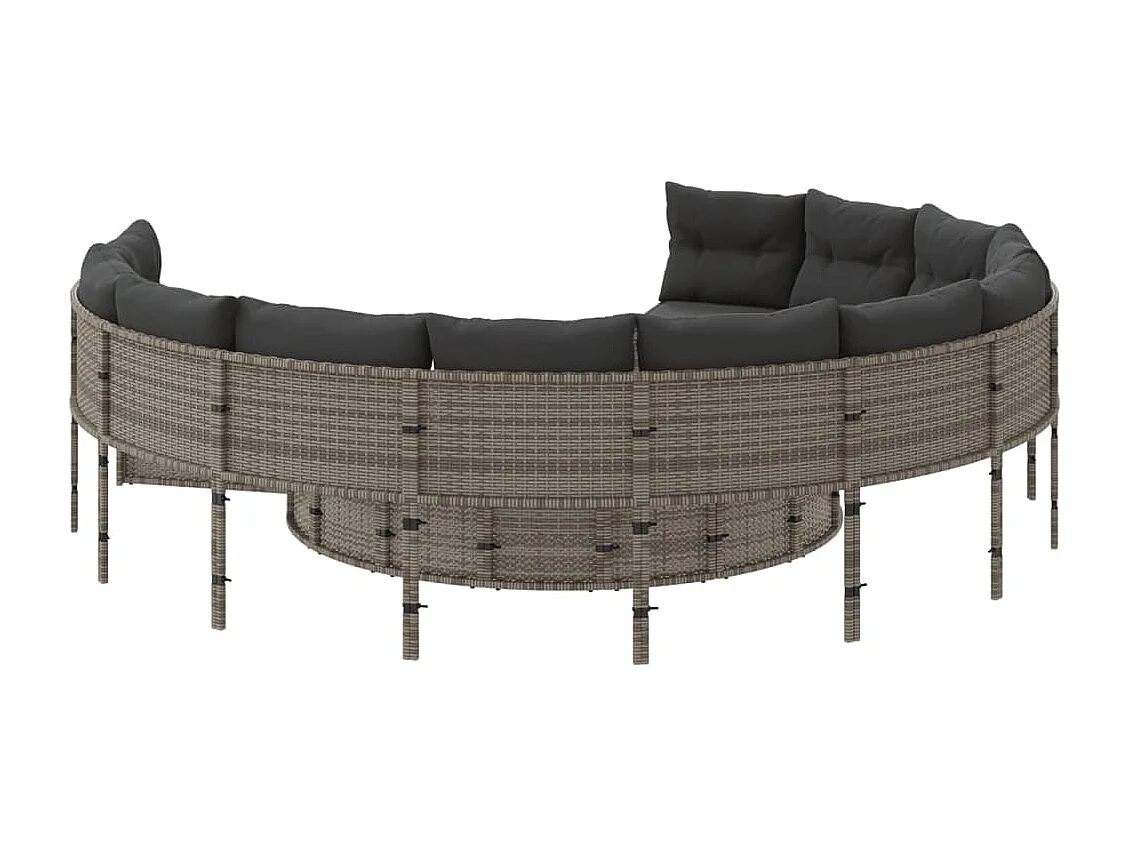 Tuinbank met tafel en kussens rond poly rattan grijs