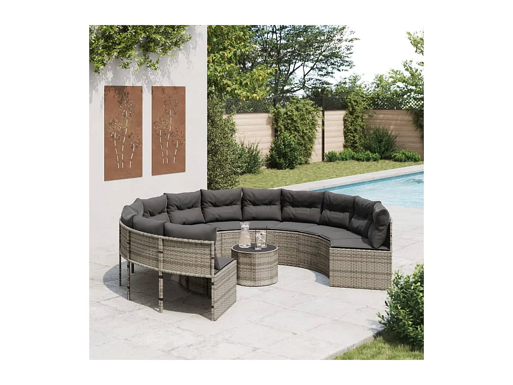 Gartensofa mit Tisch und Kissen Rund Grau Poly Rattan