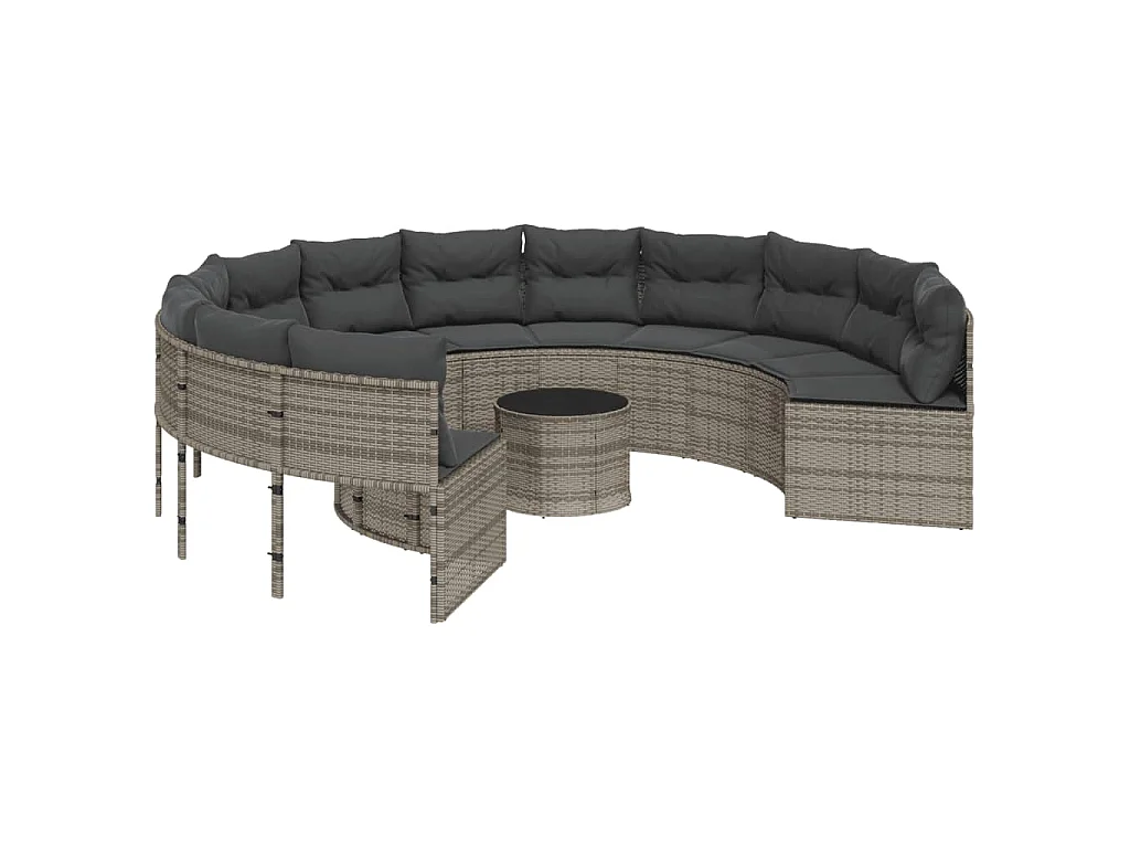 Divano da Giardino Tavolo e Cuscini Circolare Grigio Polyrattan