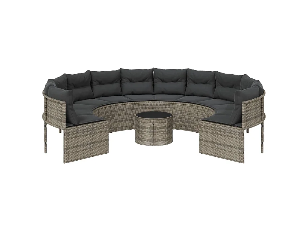 Divano da Giardino Tavolo e Cuscini Circolare Grigio Polyrattan