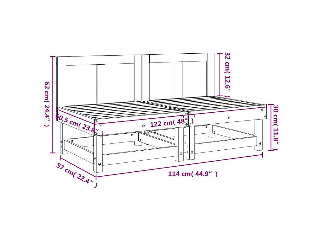 Canapés centraux de jardin 2 pcs gris bois de pin massif