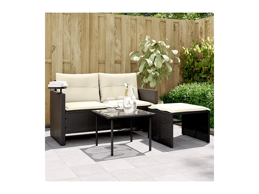 Salon de jardin 3 pcs avec coussins noir résine tressée