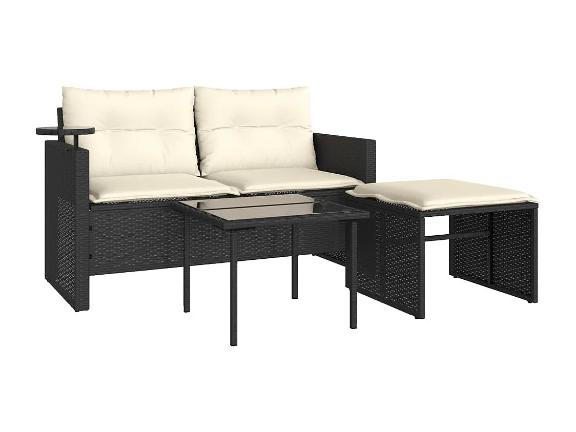 3-tlg. Garten-Sofagarnitur mit Kissen Schwarz Poly Rattan