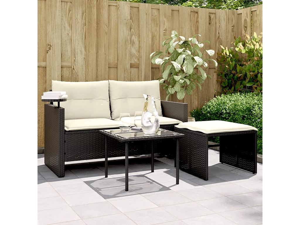 3-tlg. Garten-Sofagarnitur mit Kissen Schwarz Poly Rattan