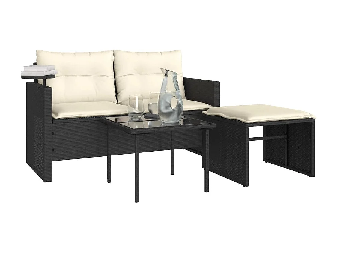 3-tlg. Garten-Sofagarnitur mit Kissen Schwarz Poly Rattan