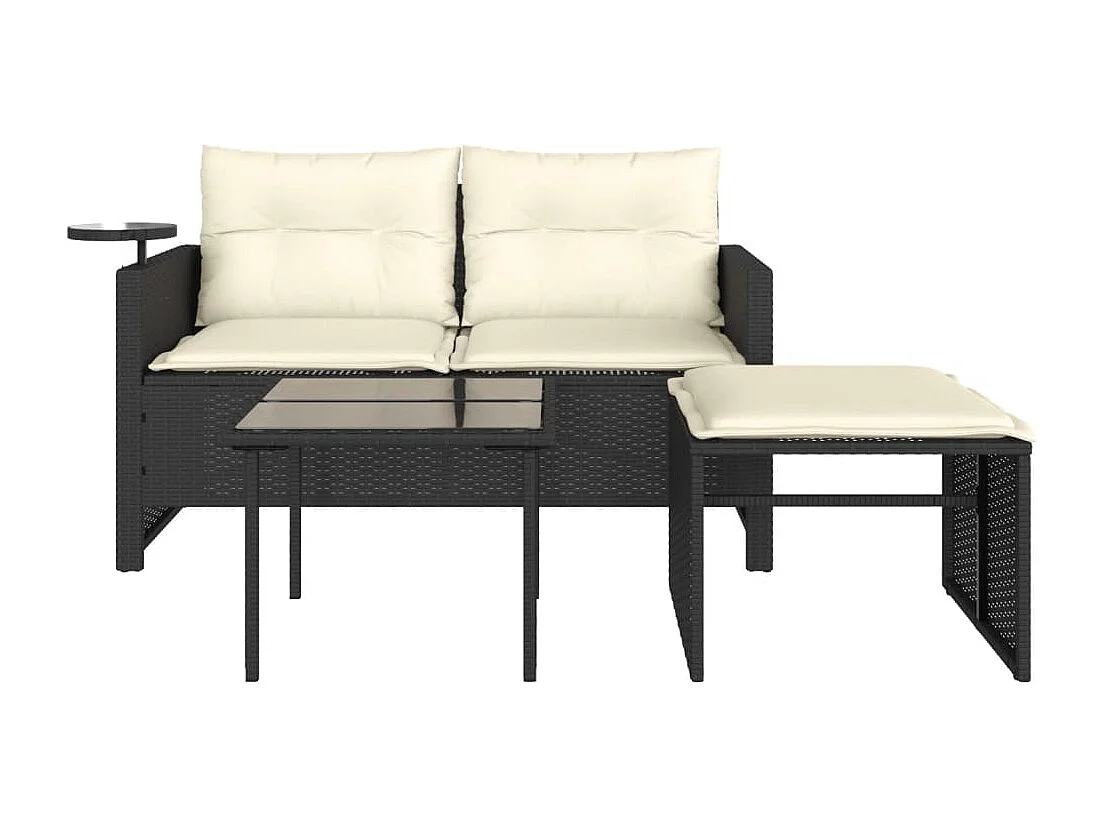 3-tlg. Garten-Sofagarnitur mit Kissen Schwarz Poly Rattan