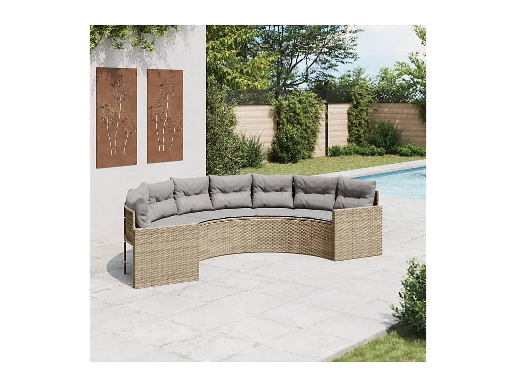 Tuinbank met kussens halfrond poly rattan beige