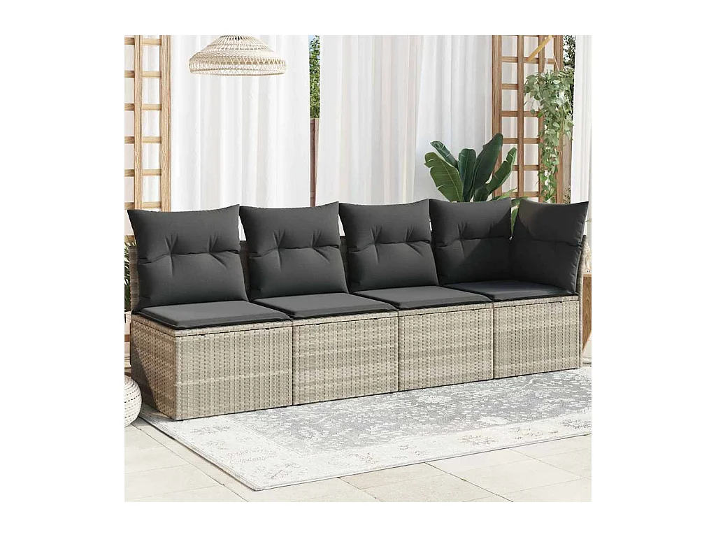 Gartensofa mit Kissen 4-Sitzer Hellgrau Poly Rattan