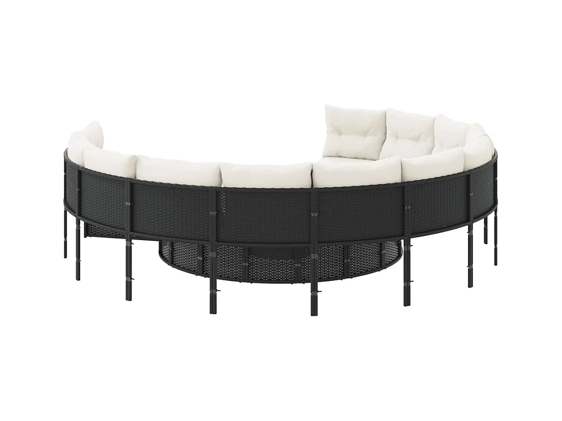 Sofá de jardín redondo con mesa y cojines ratán PE negro
