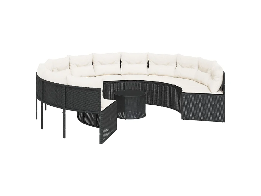 Divano Giardino con Tavolo e Cuscini Circolare Nero Polyrattan