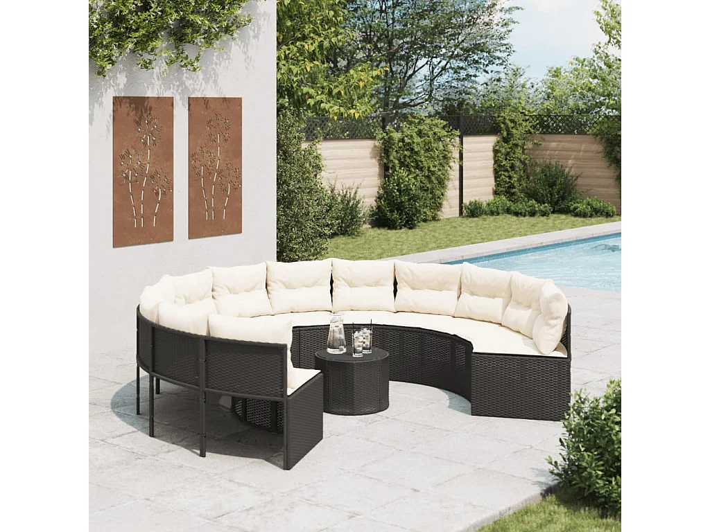 Divano Giardino con Tavolo e Cuscini Circolare Nero Polyrattan