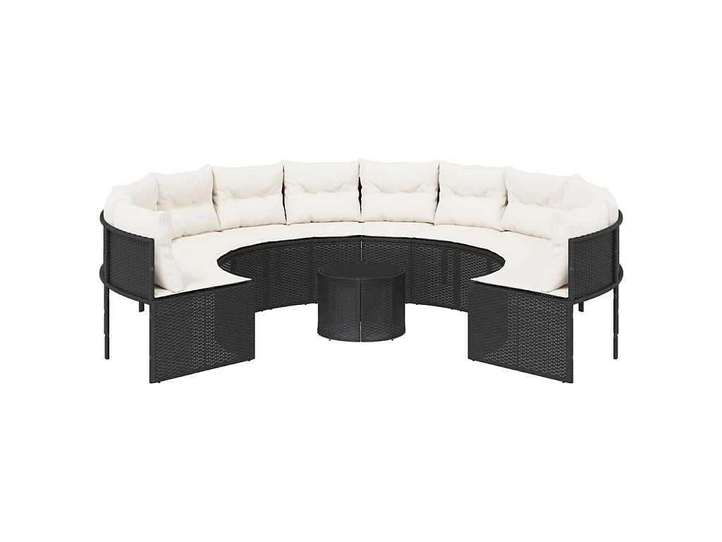 Divano Giardino con Tavolo e Cuscini Circolare Nero Polyrattan