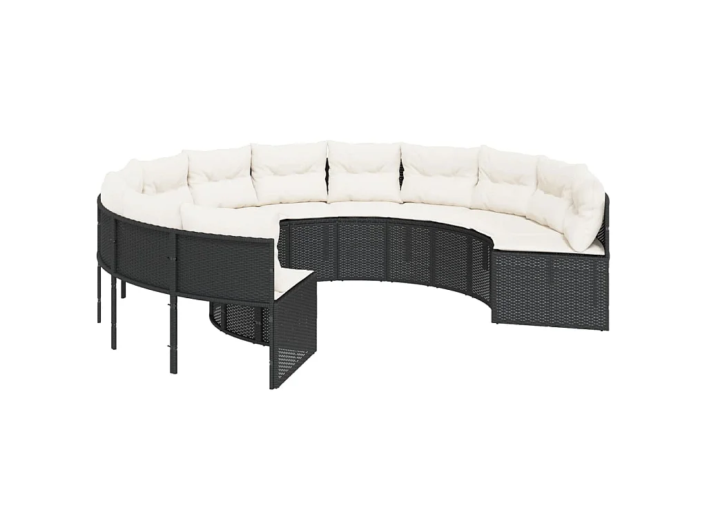 Divano Giardino con Tavolo e Cuscini Circolare Nero Polyrattan