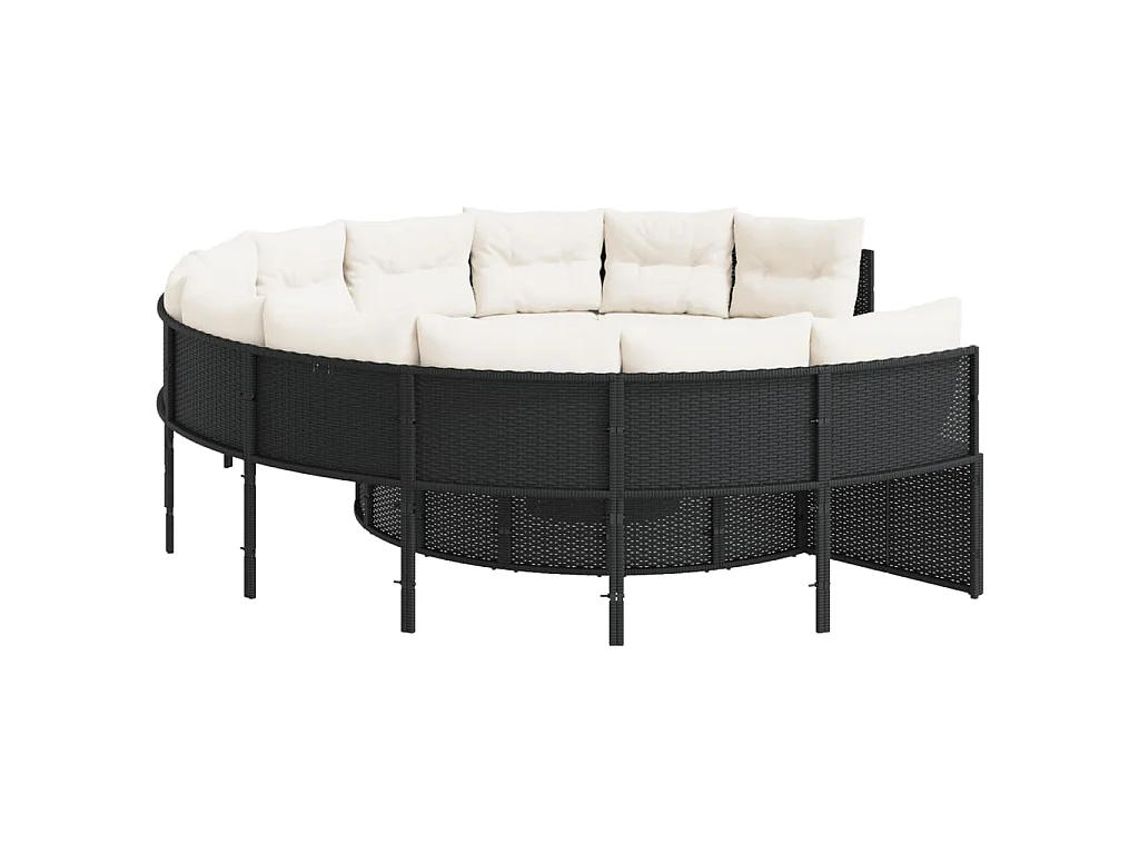 Divano Giardino con Tavolo e Cuscini Circolare Nero Polyrattan
