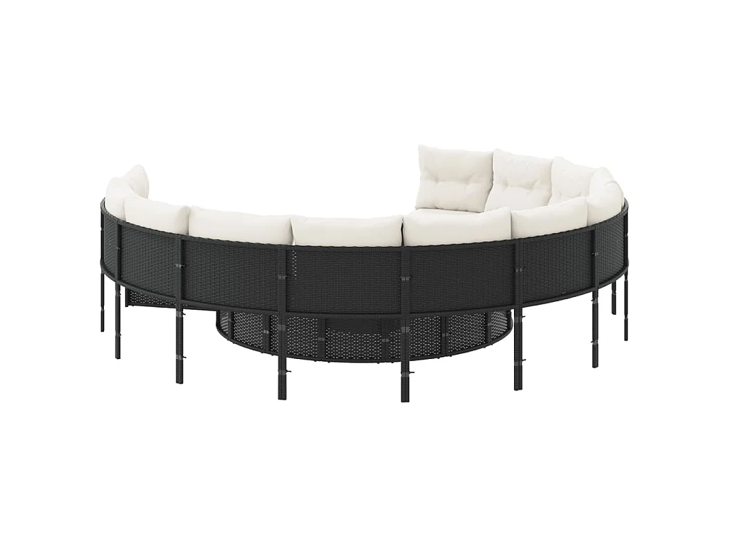 Divano Giardino con Tavolo e Cuscini Circolare Nero Polyrattan