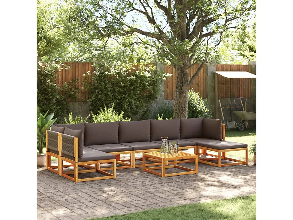 Ensemble de canapés de jardin 8 pièces avec coussins en bois d'acacia et corde