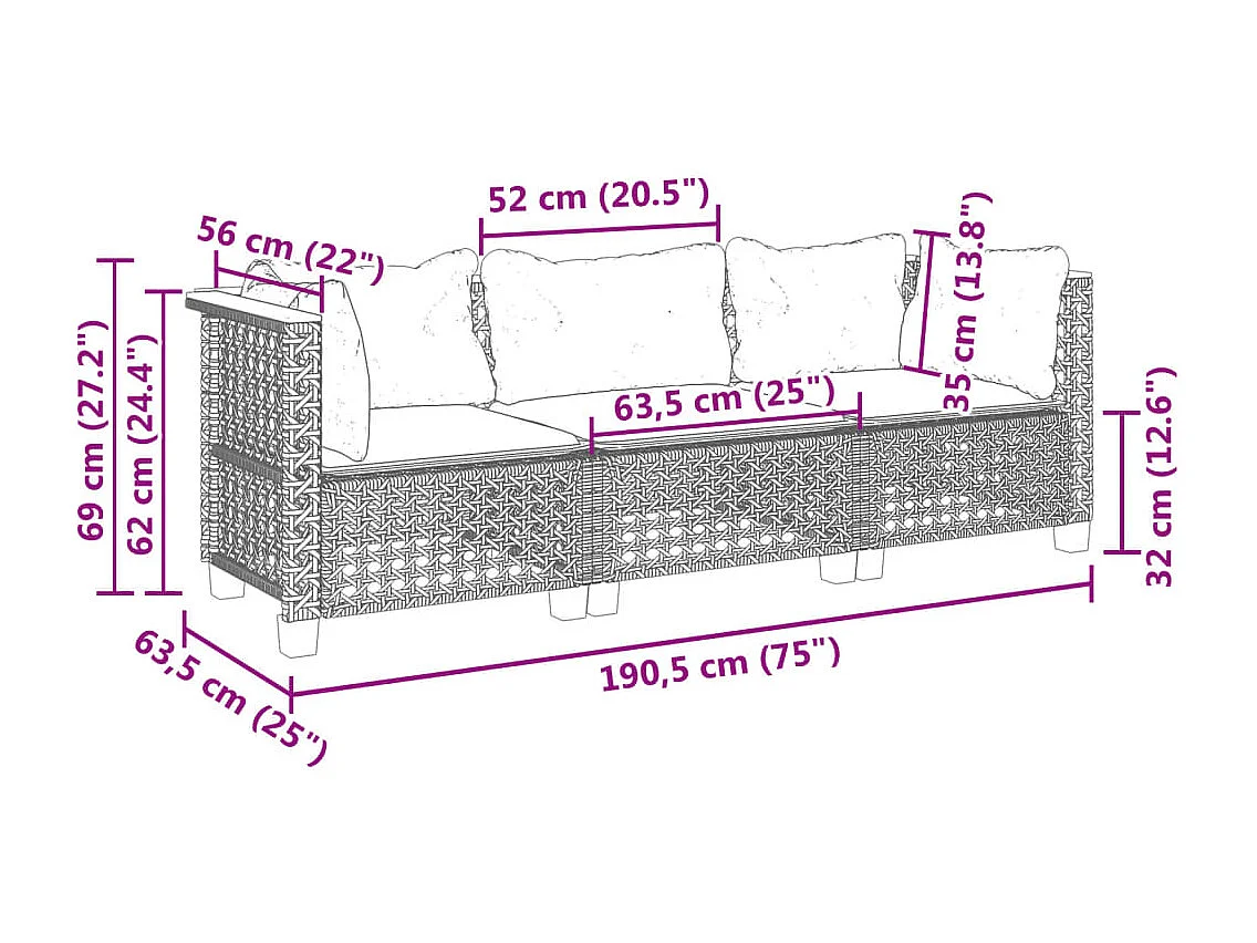 Tuinbank 3-zits met kussens poly rattan grijs