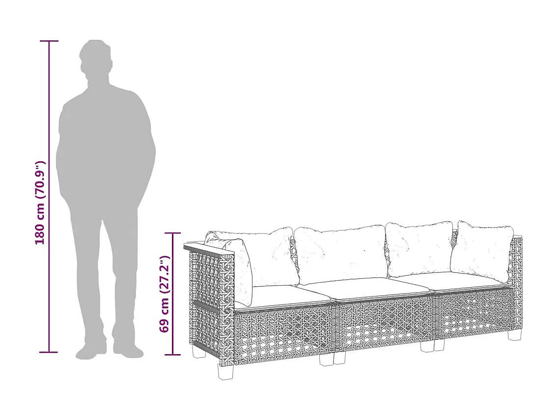 Tuinbank 3-zits met kussens poly rattan grijs