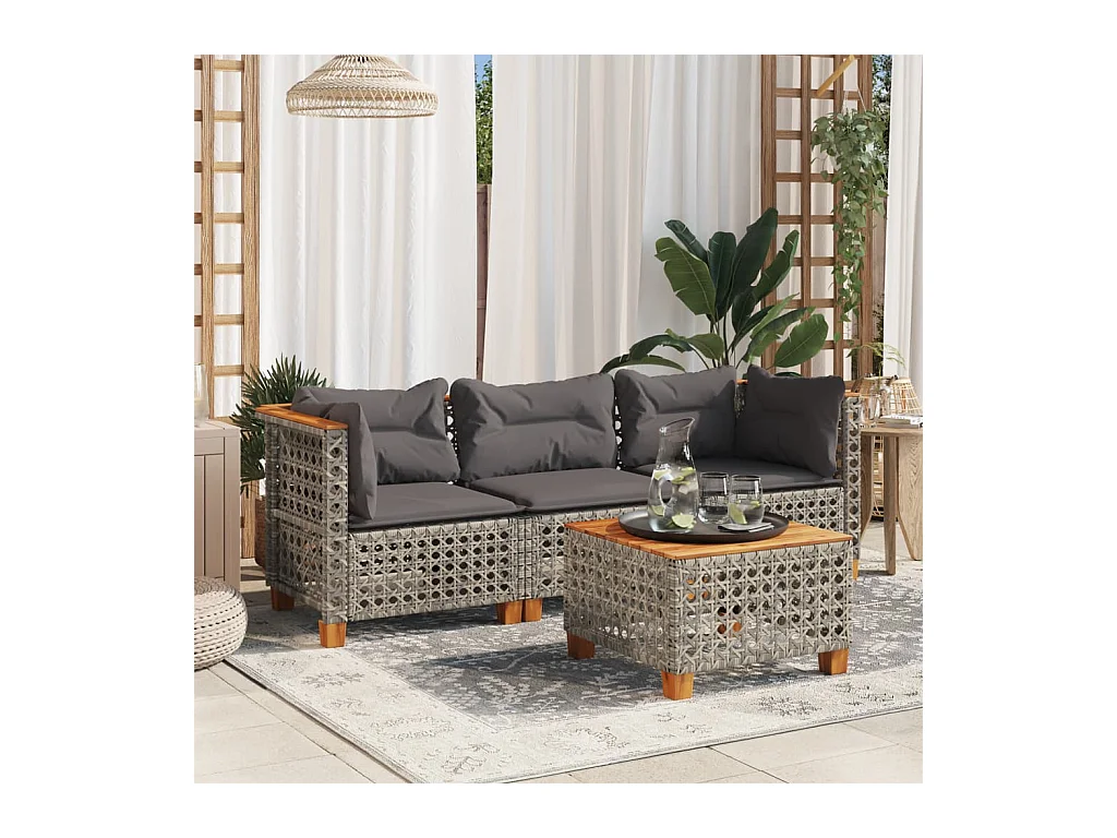 Gartensofa mit Kissen 3-Sitzer Grau Poly Rattan