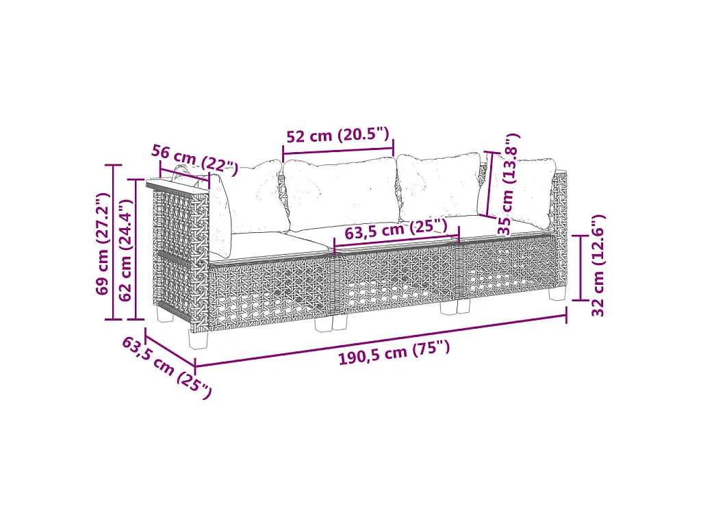 Tuinbank 3-zits met kussens poly rattan grijs