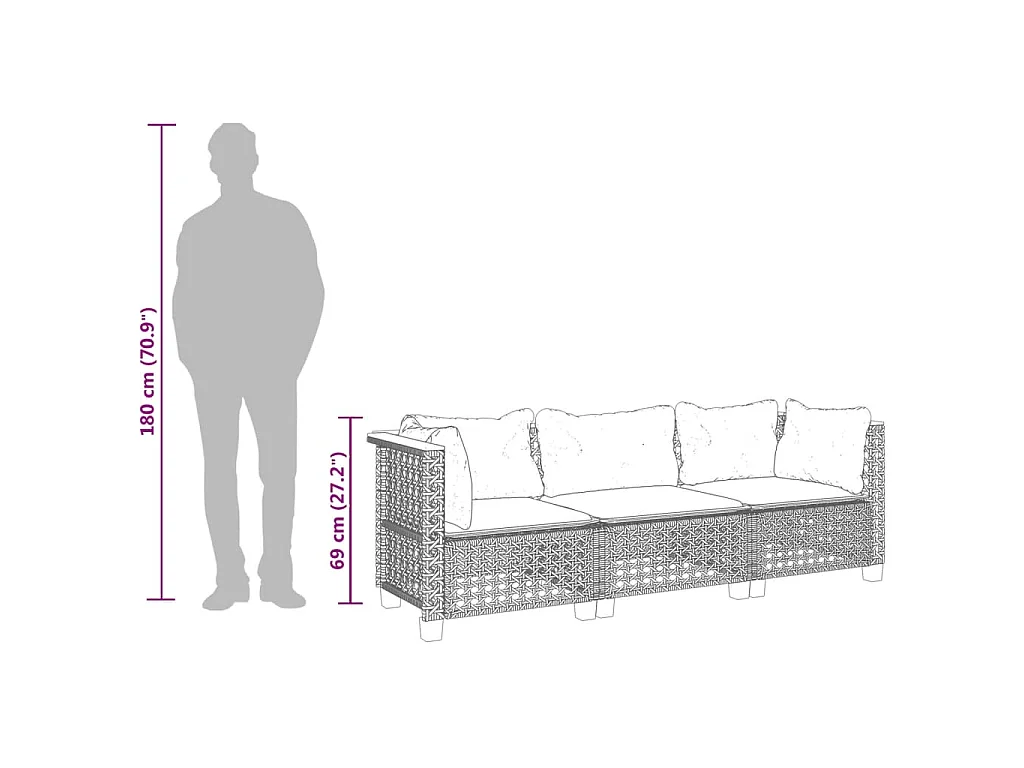 Tuinbank 3-zits met kussens poly rattan grijs