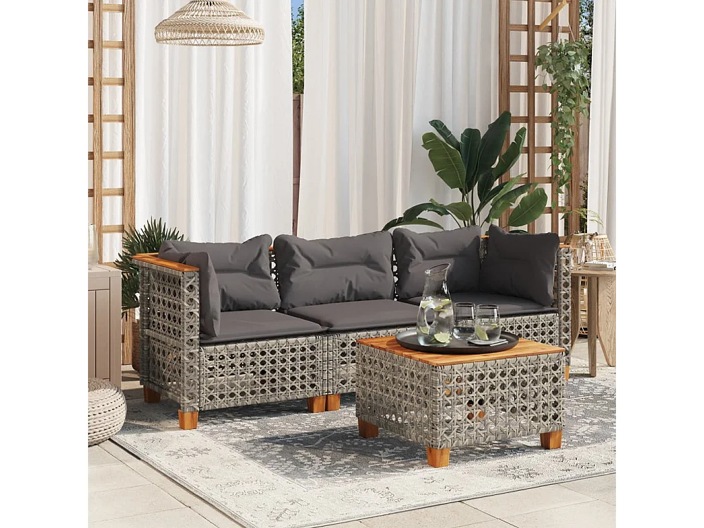 Gartensofa mit Kissen 3-Sitzer Grau Poly Rattan