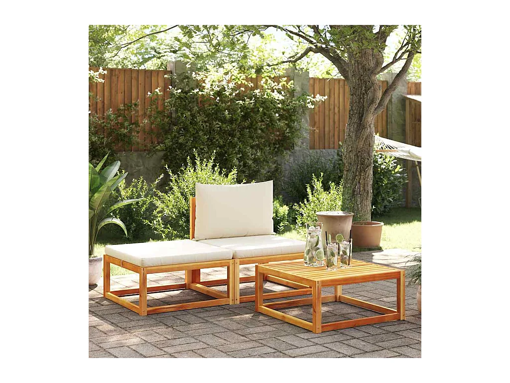 Ensemble de canapés de jardin 3 pièces avec coussins en bois d'acacia et rotin