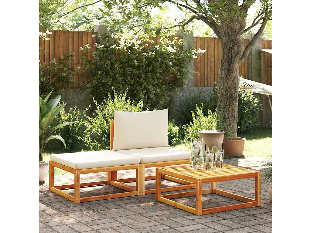 Ensemble de canapés de jardin 3 pièces avec coussins en bois d'acacia et rotin